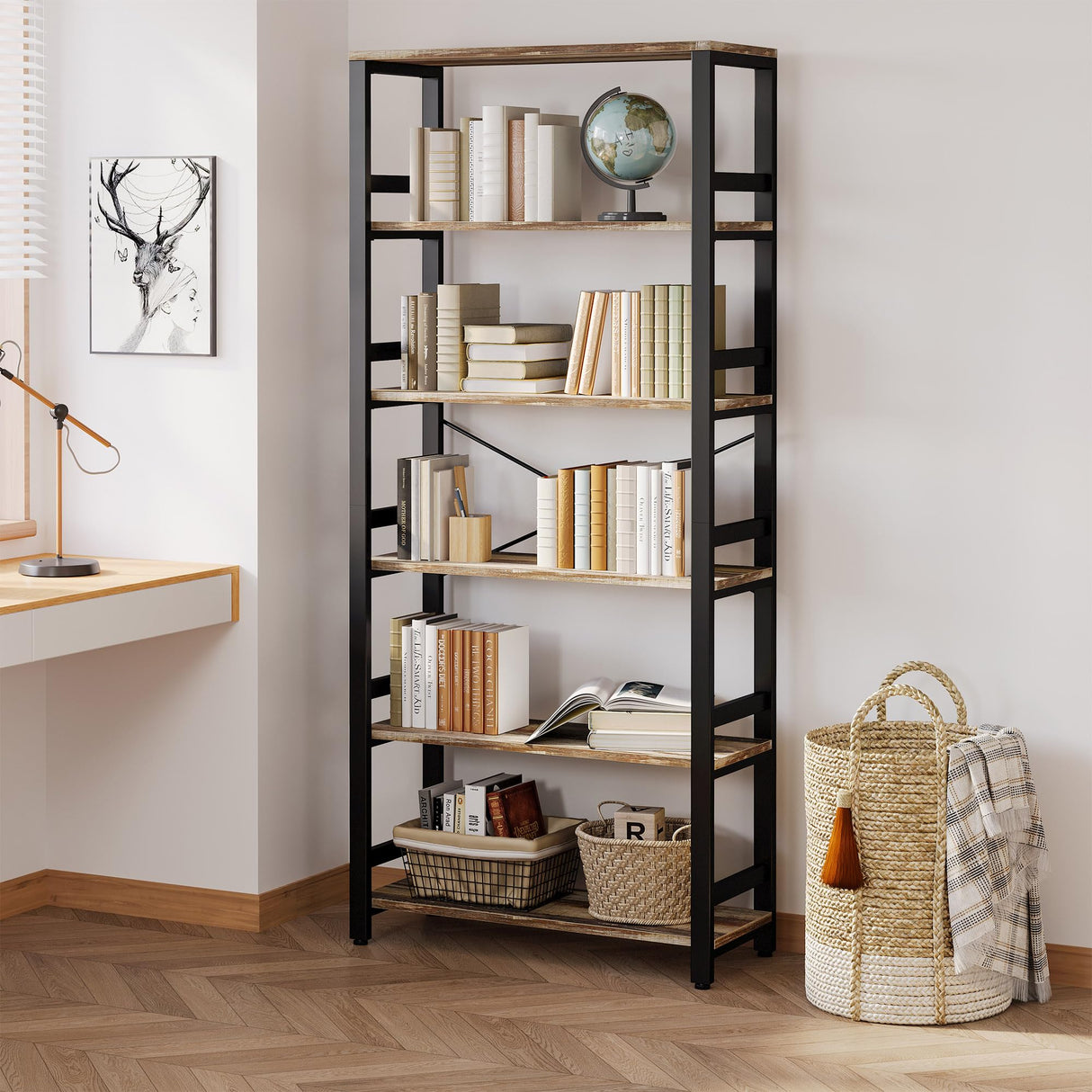 Bookshelf, 31.5in Wide Shelf 6 Tier Bookcase, 110lbs/shelf Vintage Industrial Style Bookshelves for Bedroom