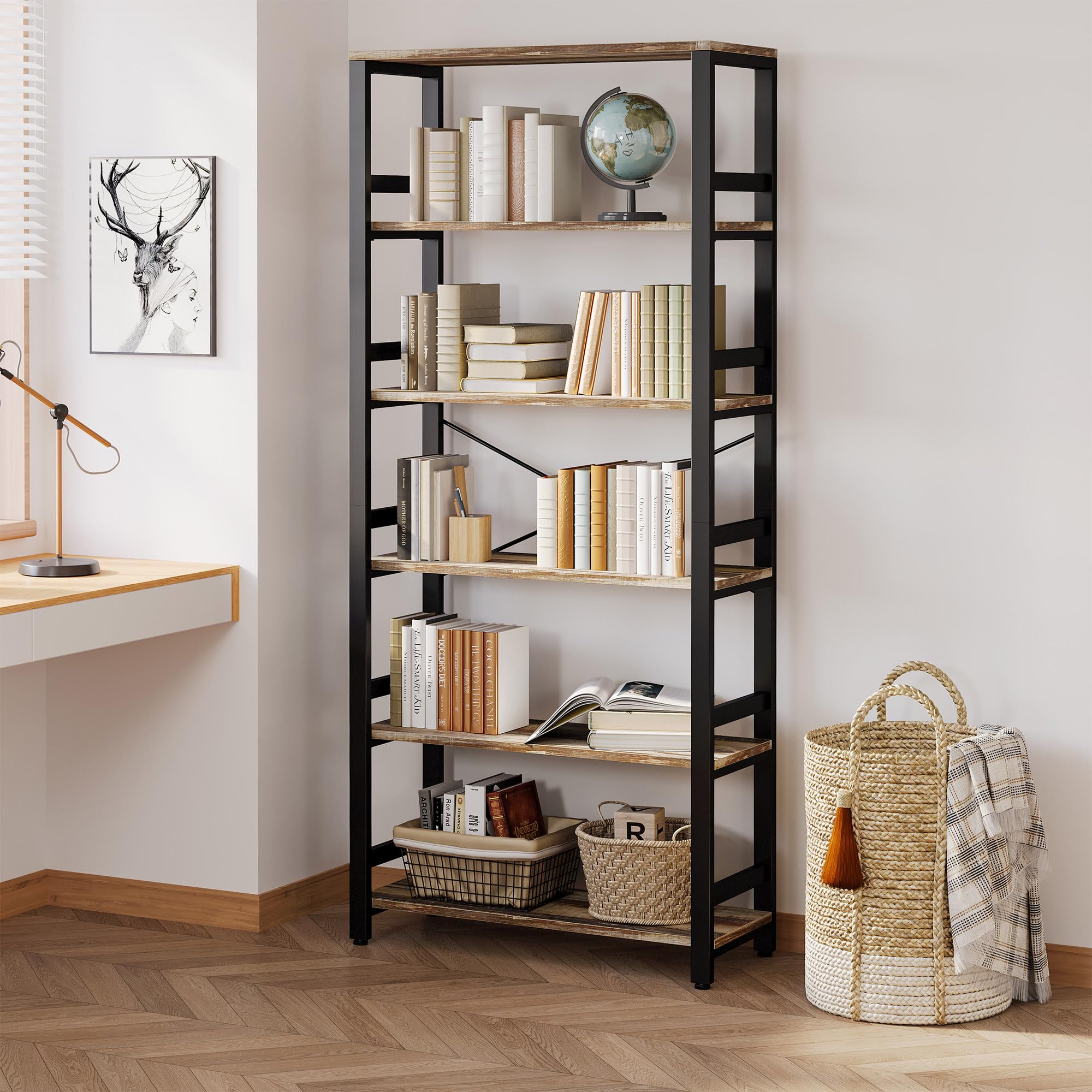 Bookshelf, 31.5in Wide Shelf 6 Tier Bookcase, 110lbs/shelf Vintage Industrial Style Bookshelves for Bedroom
