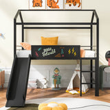 Slide and Chalkboard, Low Loft Bed Twin Size, Metal House Bed with Guardrail and Ladder, Metal Twin Size Loft Bed for Kids Teens Girls Boys (Twin, Black)