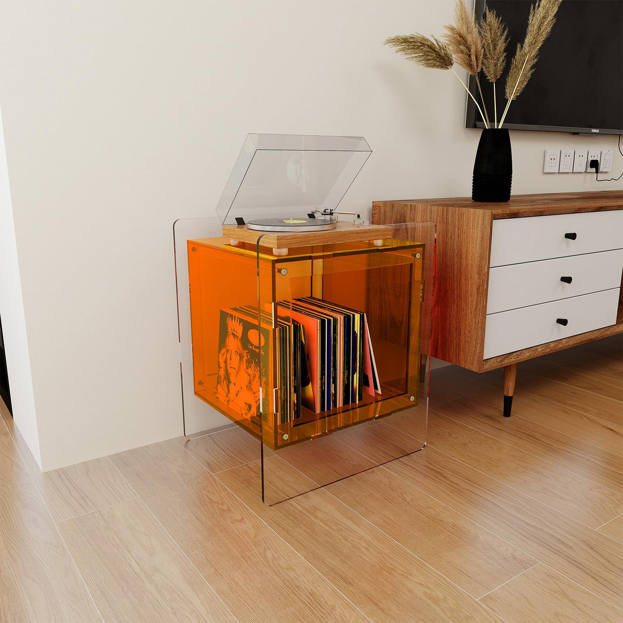 KSacry Acrylic Nightstand Orange Acrylic Side Table Night Stands for Bedrooms Acrylic Bedside Table with Open Storage Shelf