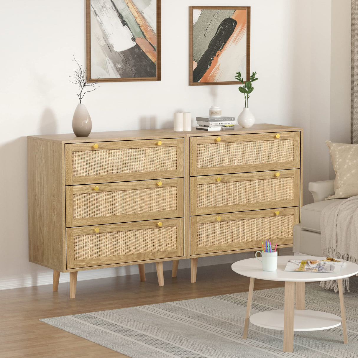 3 Drawer Dresser for Bedroom, Rattan Dresser Modern Wood Chest of Drawers