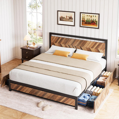 Queen Bed Frame with 4 Storage Drawers,