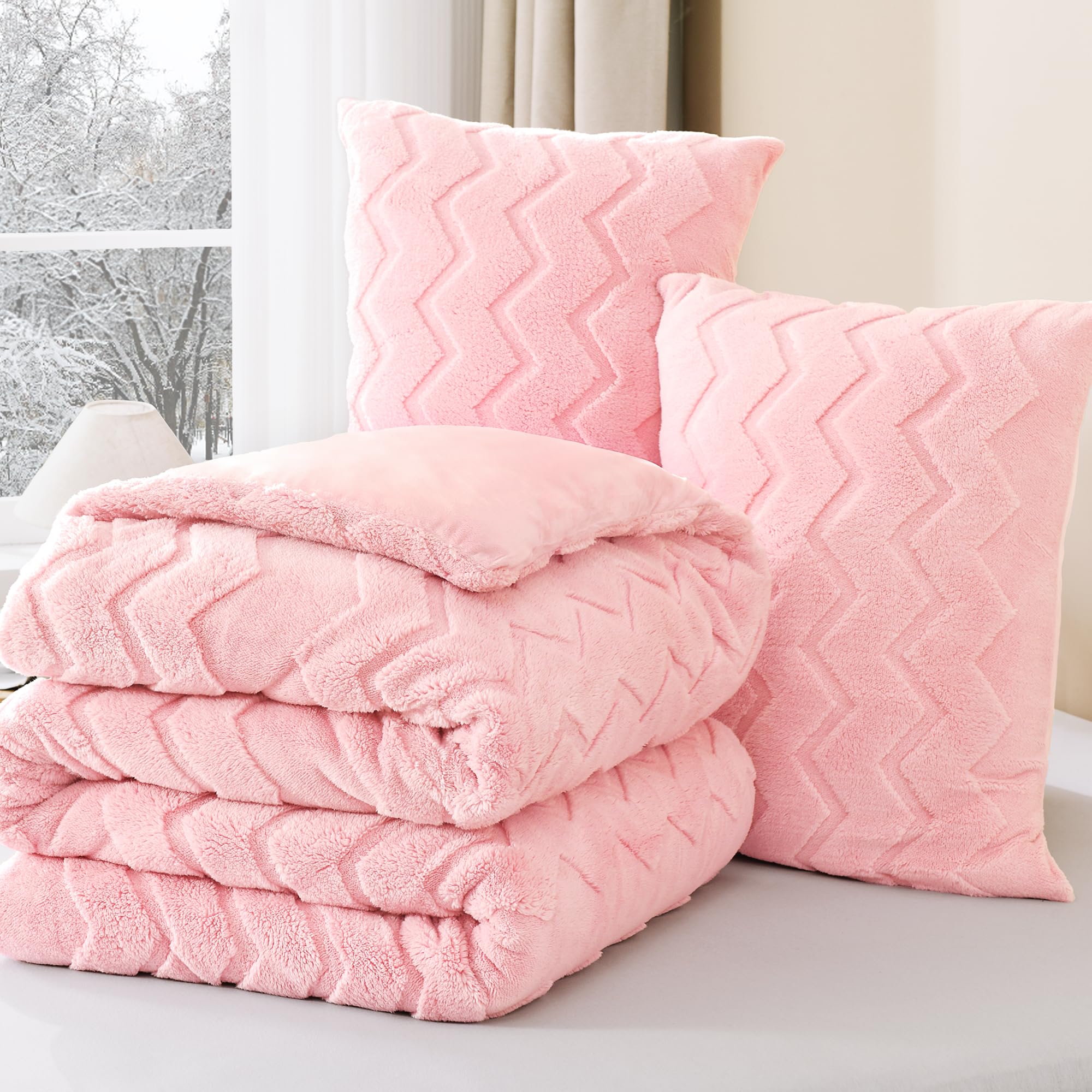 Fluffy Comforter Full Set - Soft Fuzzy Sherpa Pink Comforter for Full Size Bed