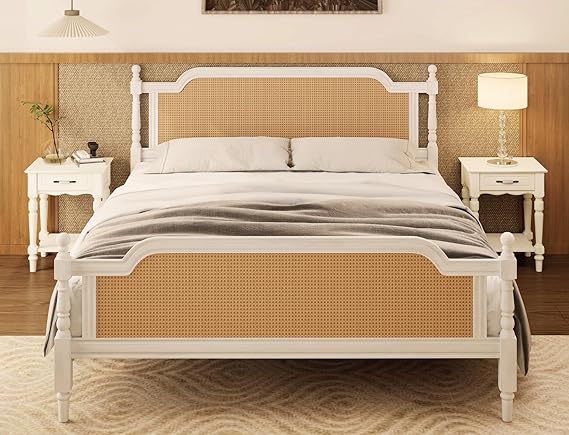 King Bed Frame with Rattan Headboard - Solid Pine Wood Platform