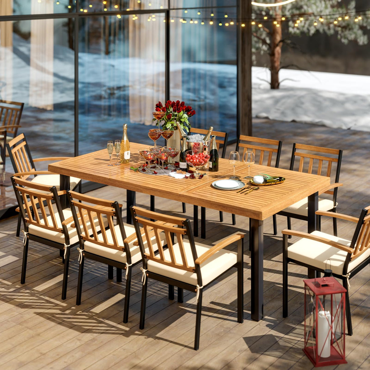 Patio Outdoor Dining Table for 8, 79’’ x 39.5’’ Acacia Wood Rectangular Table w/Slatted Top