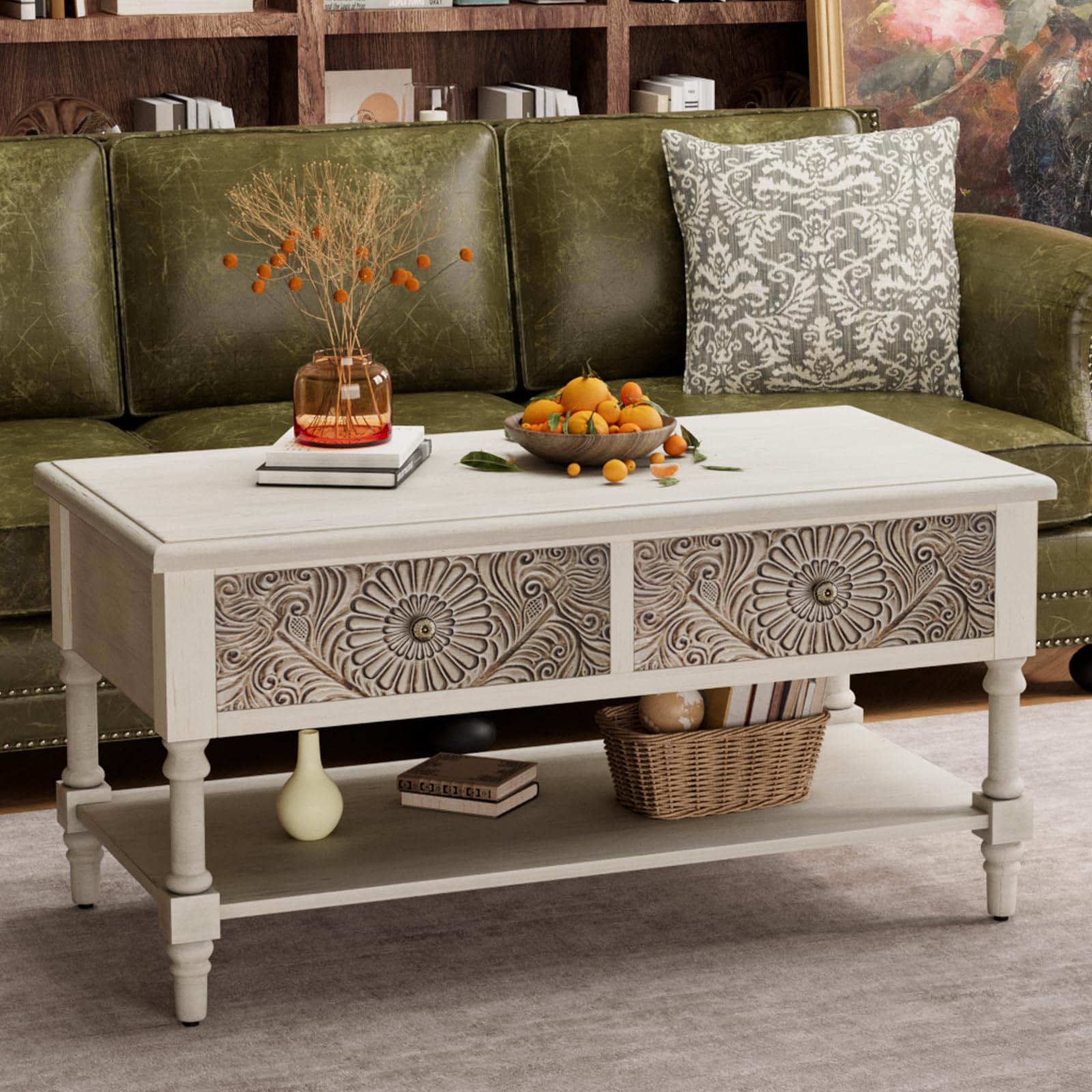 Vintage Coffee Table w Drawers, Farmhouse 2 Tier Small Wood Coffee Table with Solid Wood Legs,