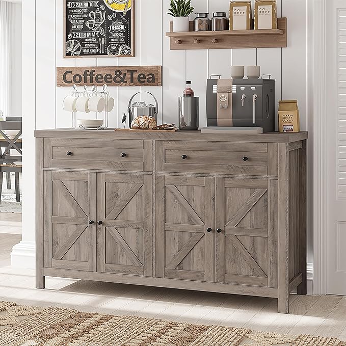 55" Buffet Sideboard Cabinet with Storage, Modern Farmhouse Coffee Bar Cabinet with Drawers and Shelves,