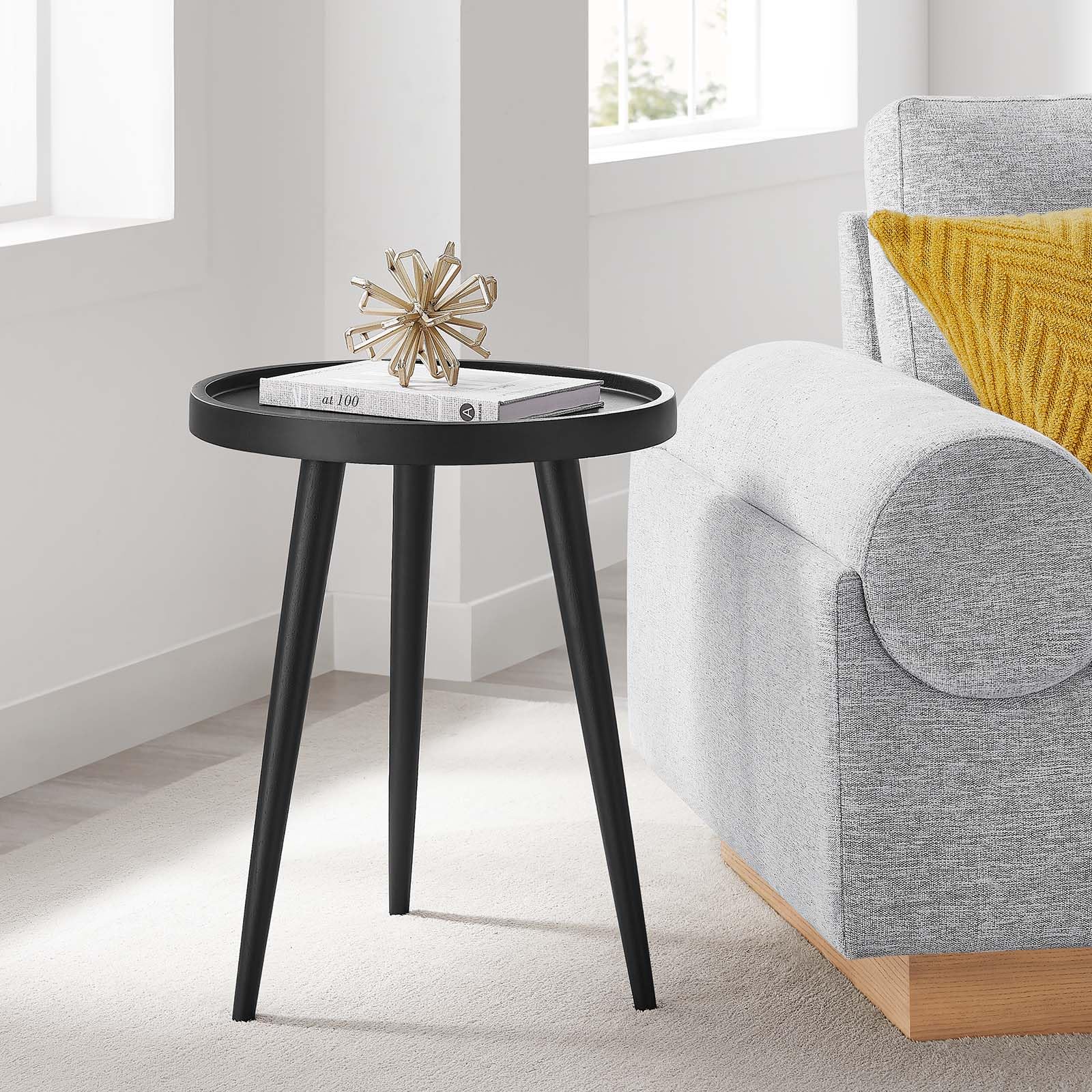 Chiro Solid Wood Side Table in Black with Tray Top - Mid-Century Modern Round Accent Table