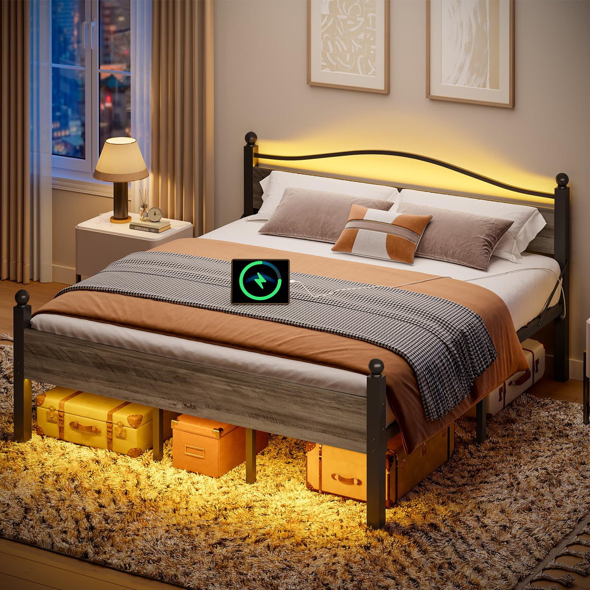 Queen Size Bed Frame with Headboard and Charging Station
