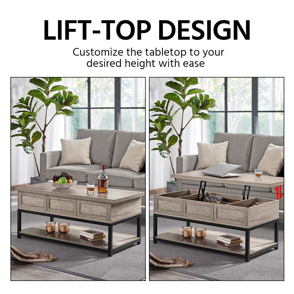 Lift Top Coffee Table with Hidden Compartments & Open Shelf