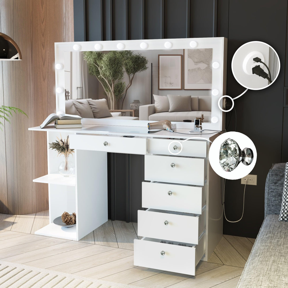 White Makeup Vanity Desk with Hollywood Mirror & Lights, Aine, 6 Drawers, 2 Shelves, USB-C/USB Outlet, Glam Glass Top