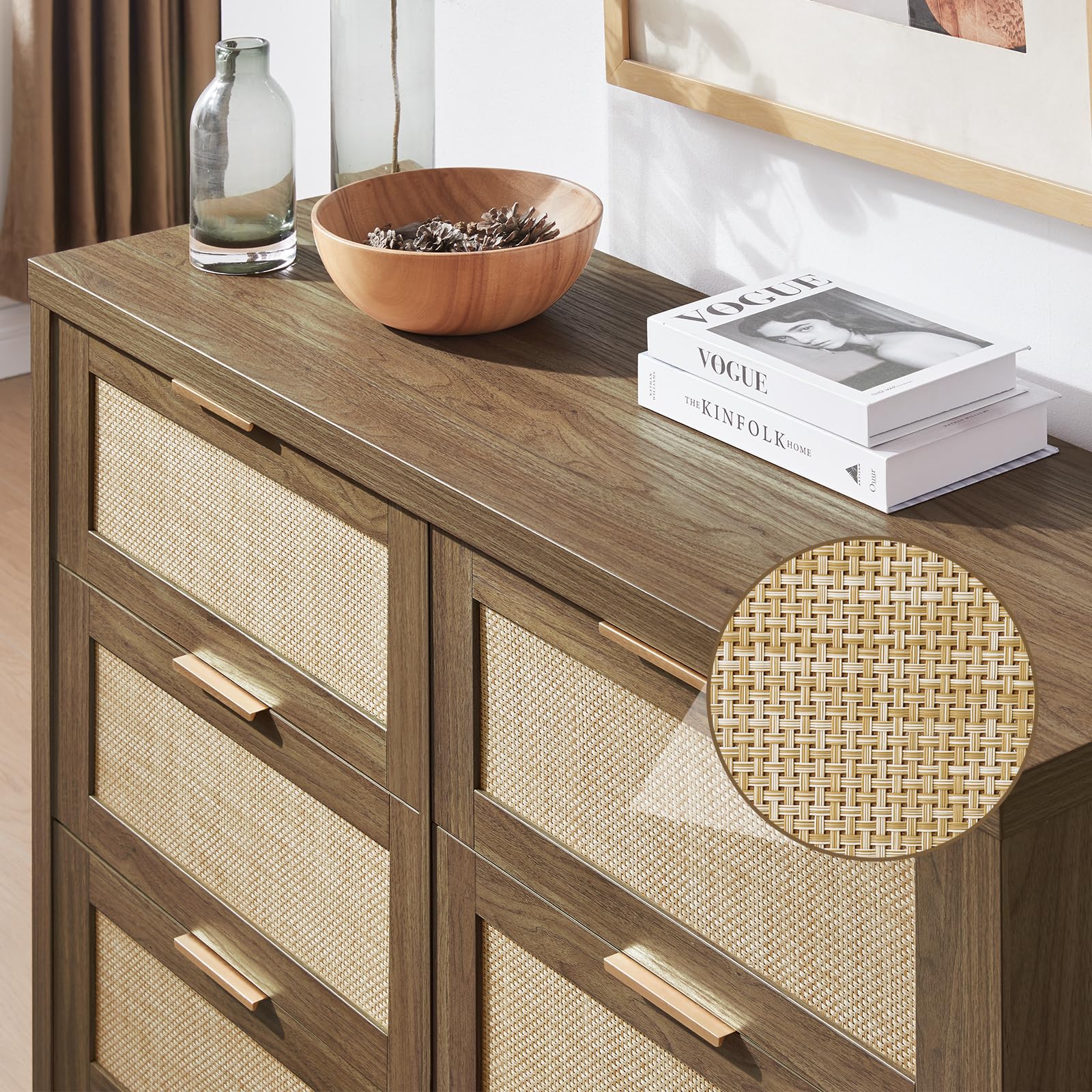 Hampstead Dresser for Bedroom, Rattan 6 Drawer Dresser, Boho Chest of Drawers