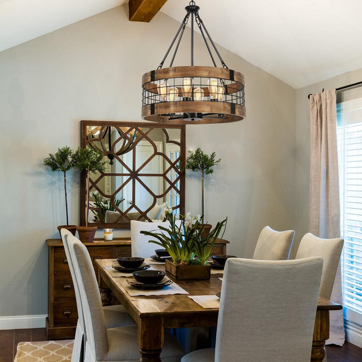 6-Light Farmhouse Wood Chandelier for Dining Room, Rustic Foyer Light Fixtures