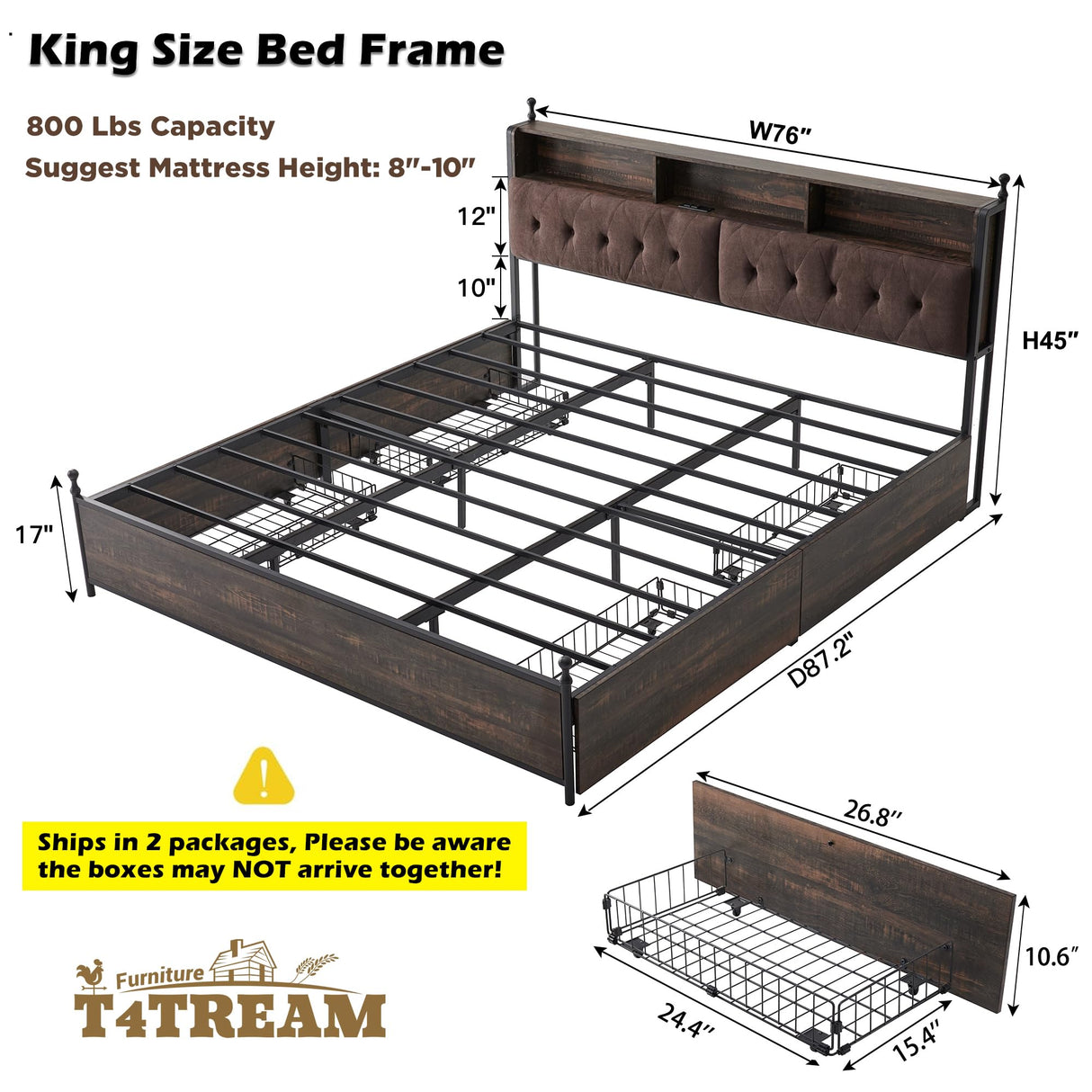 King Bed Frame with Storage Upholstered Headboard and 4 Drawers, Farmhouse Metal