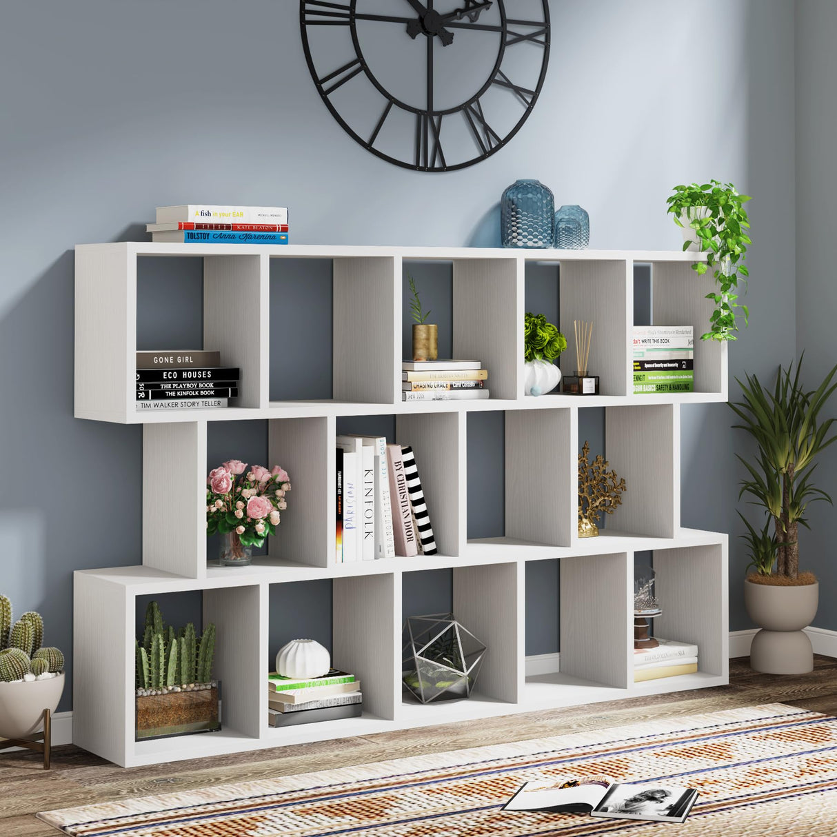 Modern Bookcase, 5-Shelf Storage Organizer Bookshelf with 14-Cube Display Book Shelf