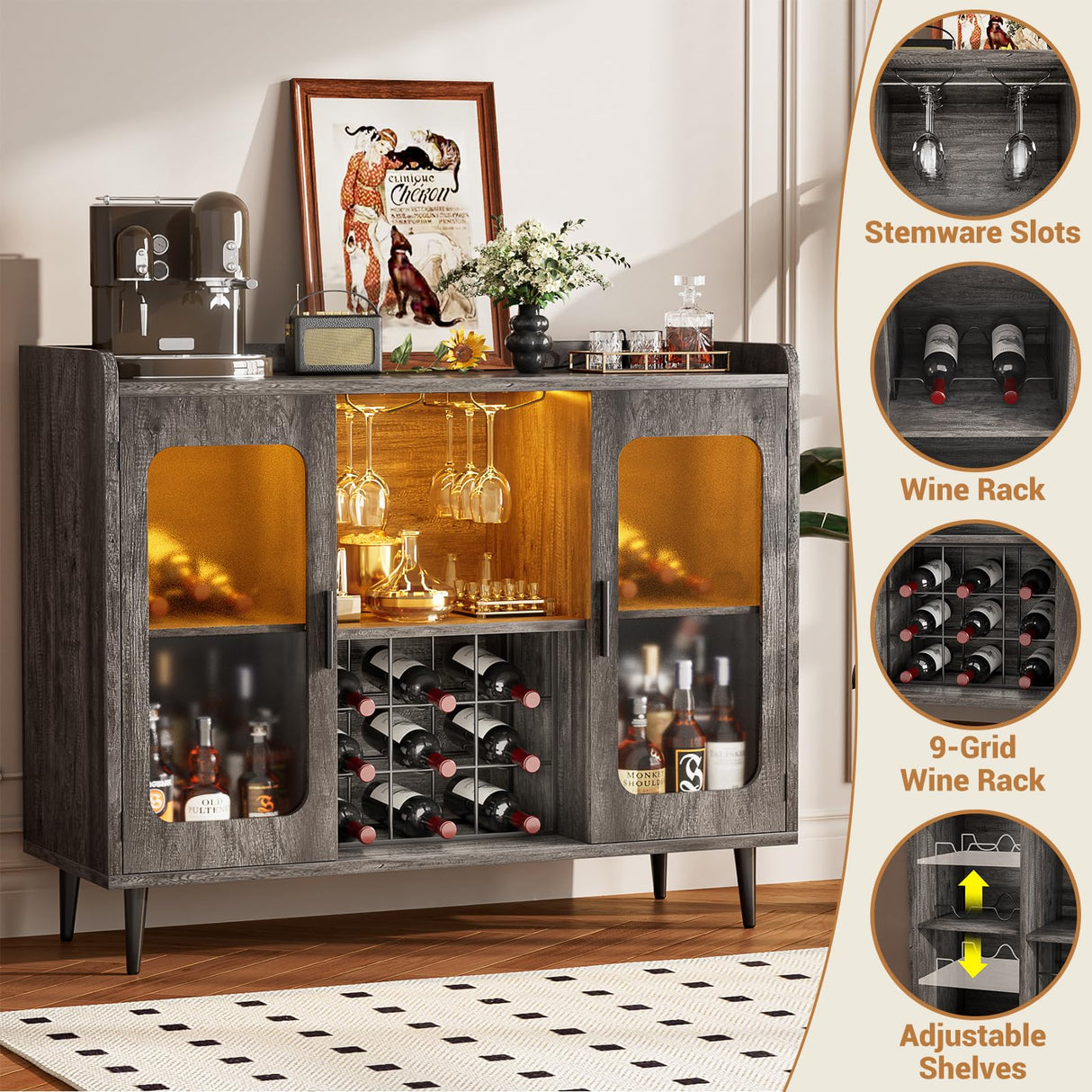 Wine Bar Cabinet with Power Outlet, Liquor Cabinet Bar with LED Light and Glass Holder