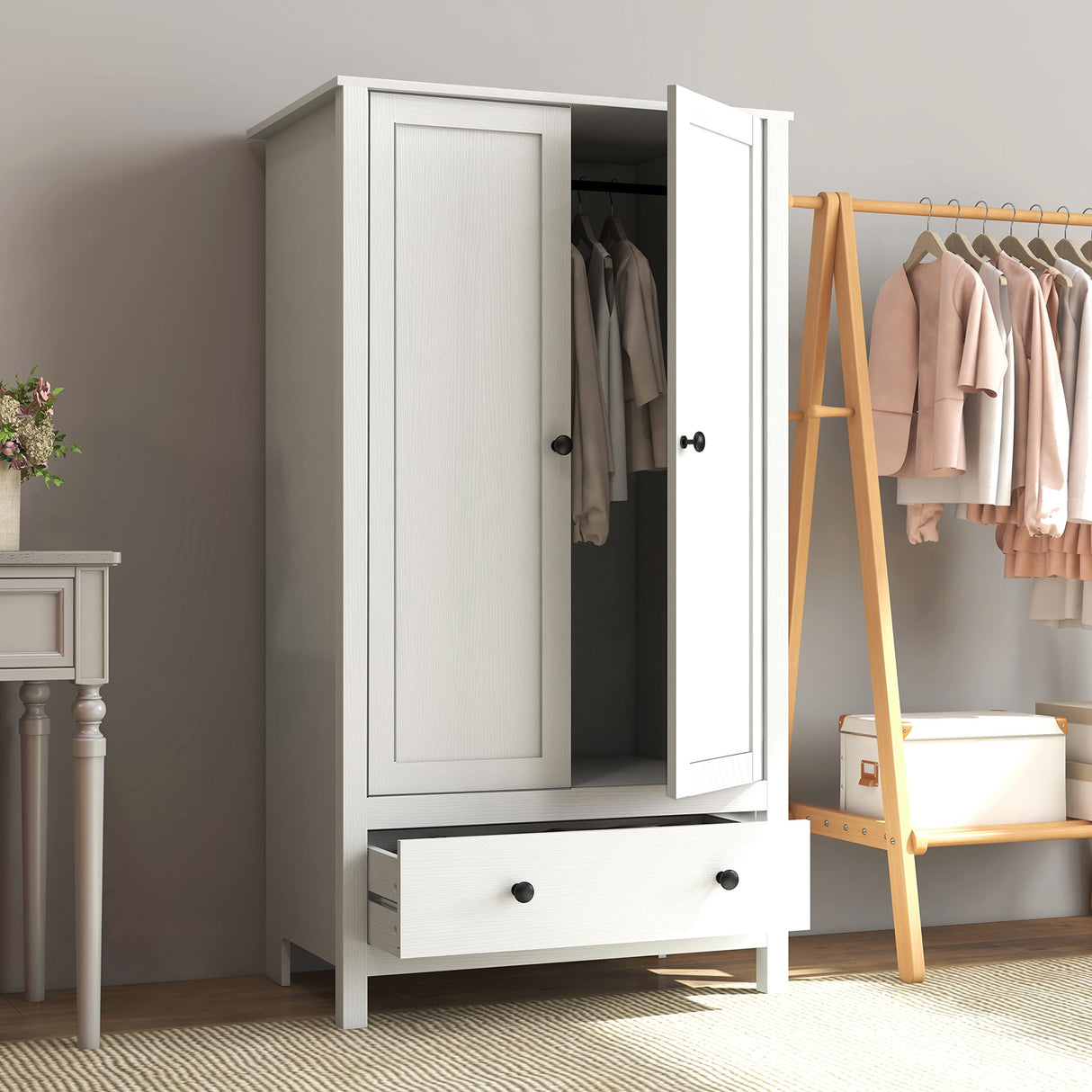 2 Door Wardrobe, Armoire with Drawer for Bedroom (White)