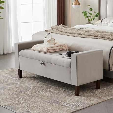 Upholstered Storage Ottoman, Button-Tufted Entryway Bench with Solid Wood Legs