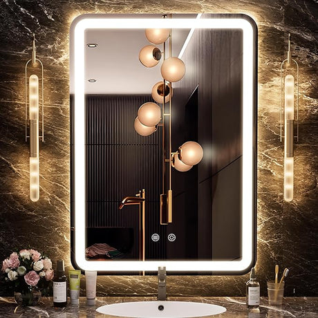 24" x 32" LED Bathroom Mirror with Lights, Rounded Rectangle Silver Frame Embedded