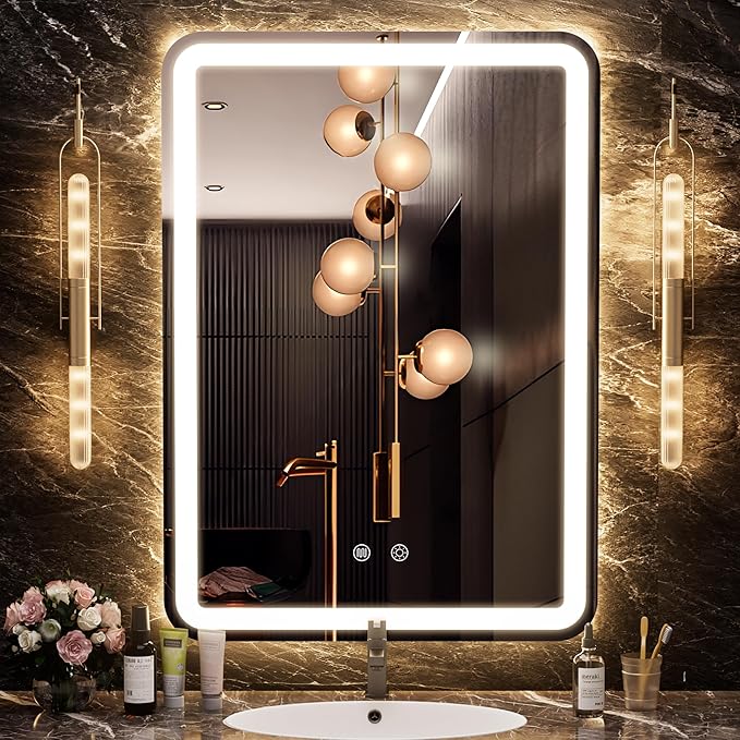 LED Bathroom Mirror with Lights, Rounded Rectangle Silver Frame Embedded