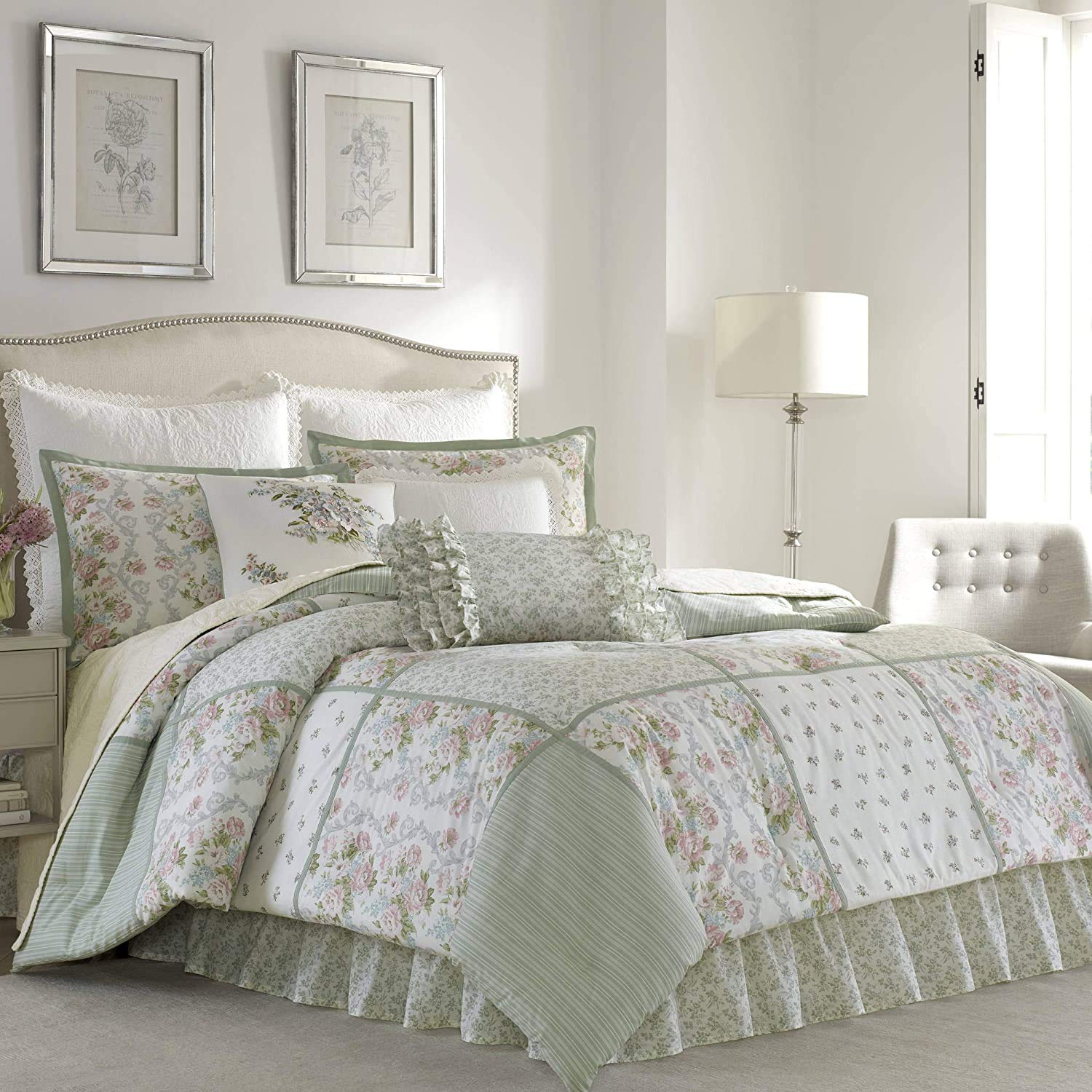 Harper Sage Queen Comforter Set - 4 Piece Cotton Bedding with Pillowcases & Bed Skirt