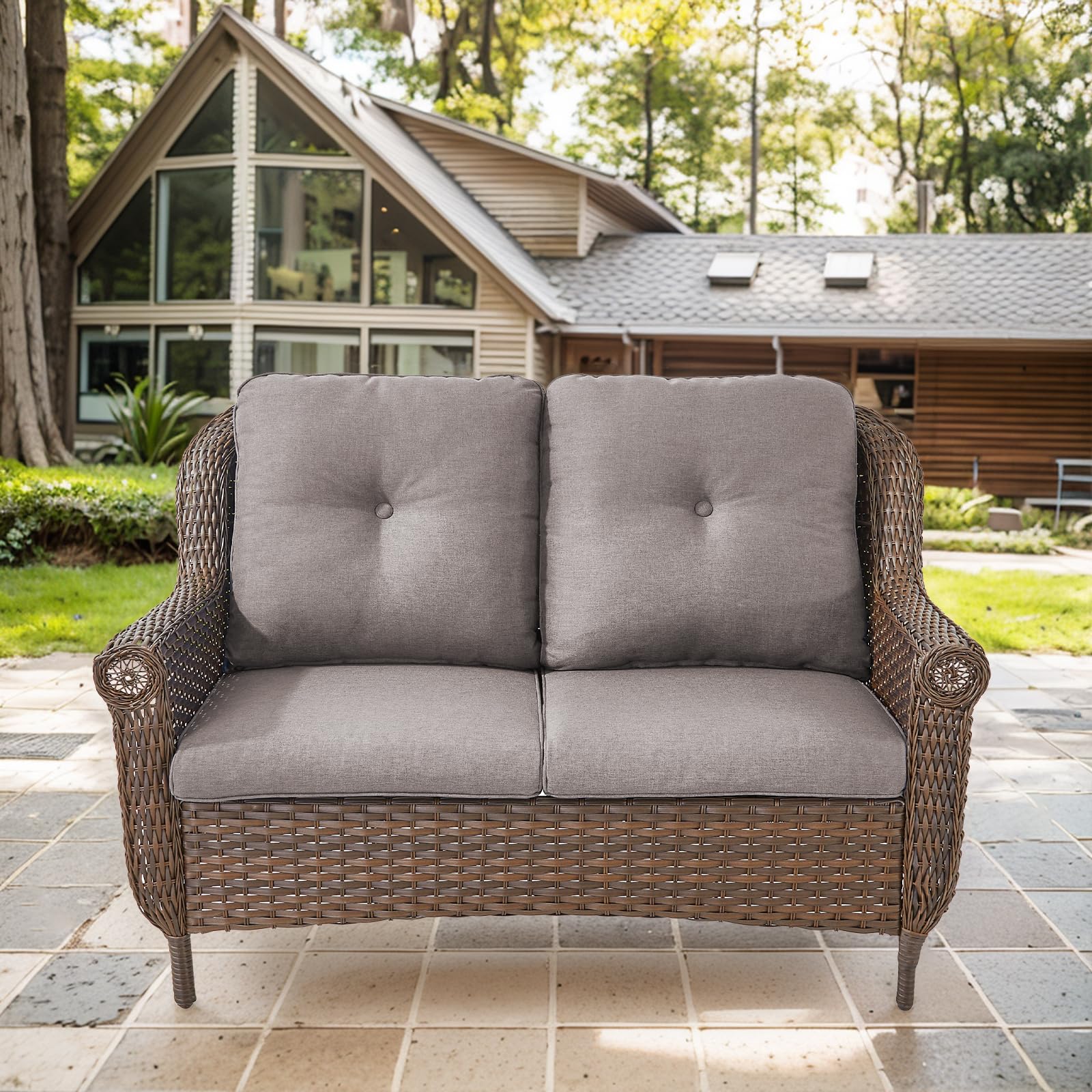 Patio Wicker Sofa Brown Rattan Loveseat Outdoor Couch
