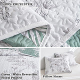 Green and White Reversible Quilt Set King Size, 3 Pieces Elegant Flowers