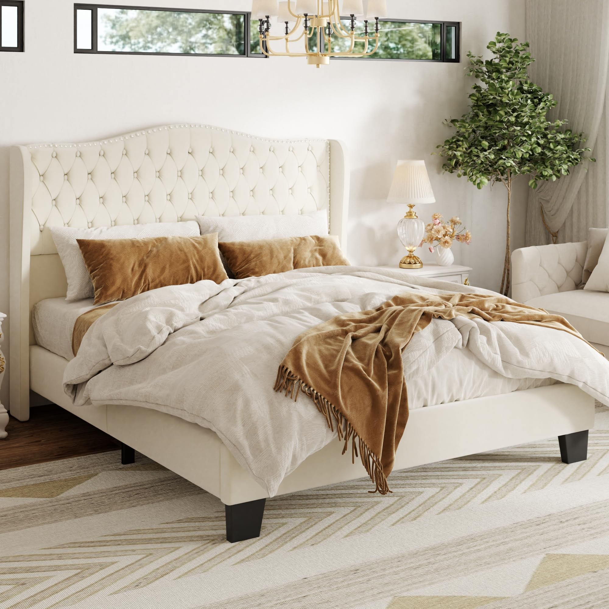 SwnftWinnt Queen Size Upholstered Bed Frame, Velvet Luxury Wingback Headback, Platform Bed with Deep Button Tufted & Nailhead Trim, No Box Spring Needed, Noise Free, Easy Assembly, Beige