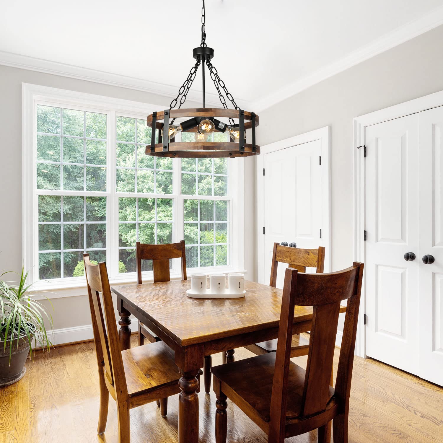 Farmhouse Rustic Wood Chandelier, 4-Light Industrial Drum Chandelier