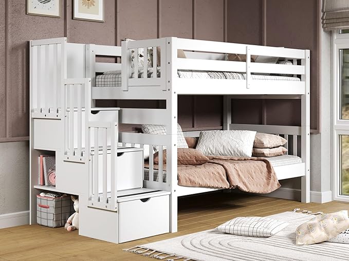 Bunk Beds Twin over Twin with 3 Drawers in the Steps and a Twin Trundle, Dark Cherry