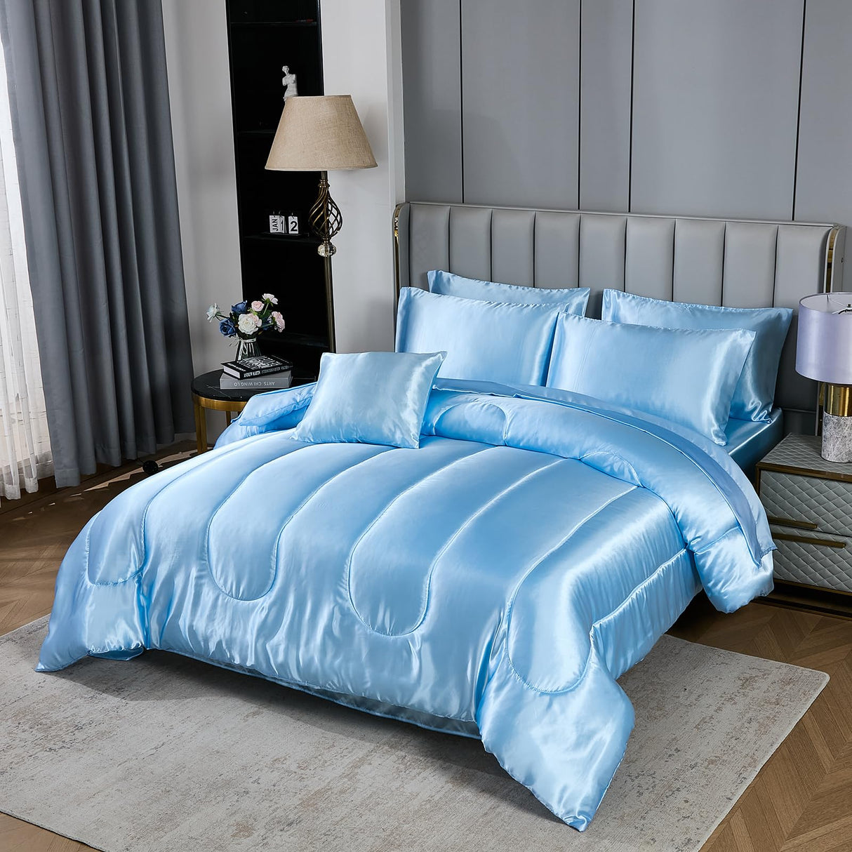 Silk Like Blue Comforter Set with Sheet Set Queen 8 Pieces Satin Bedding