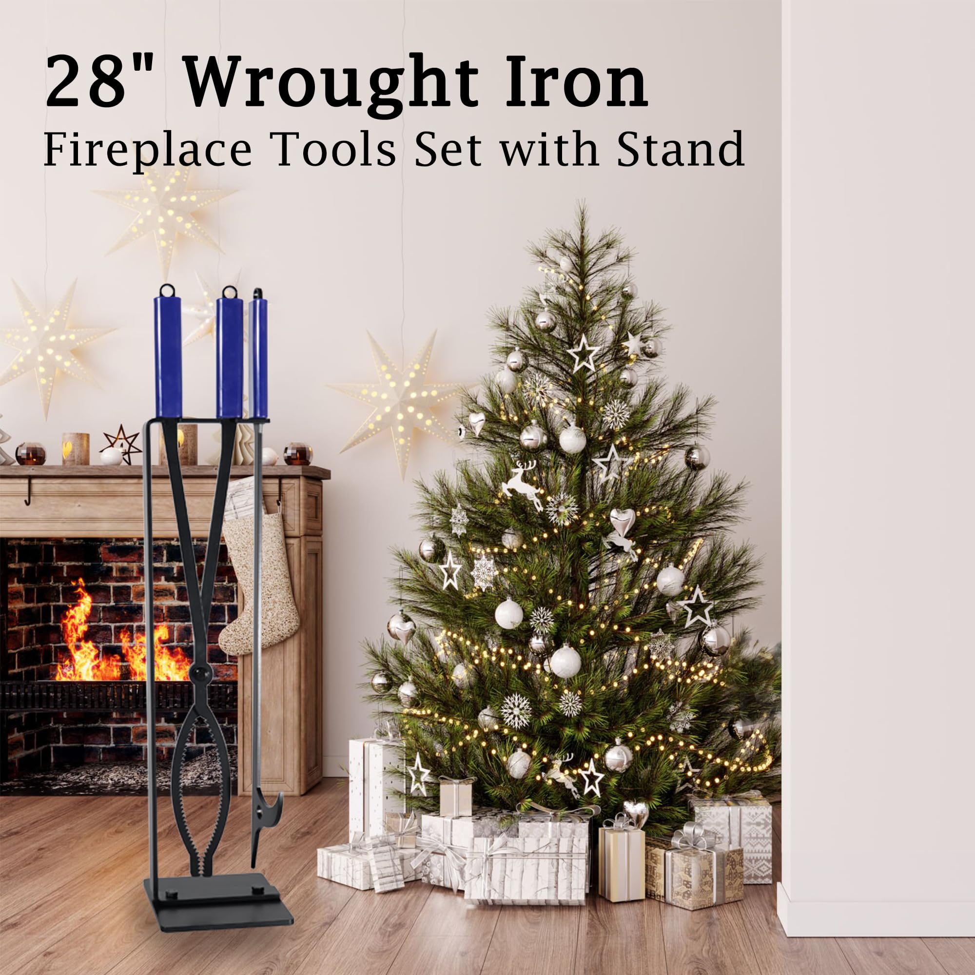 Fire Pit Tools Set with 28" Fire Poker and Log Tongs, Wrought Iron Fireplace Tools