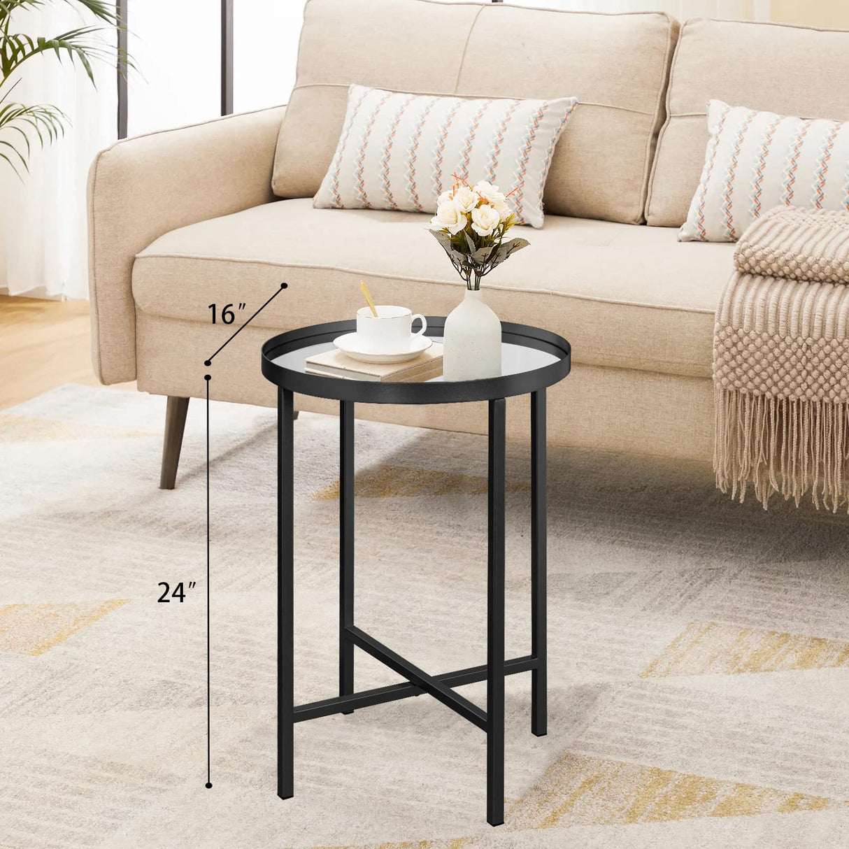 Round Side Table, Black End Table with Mirror Top, Metal Coffee Accent Table