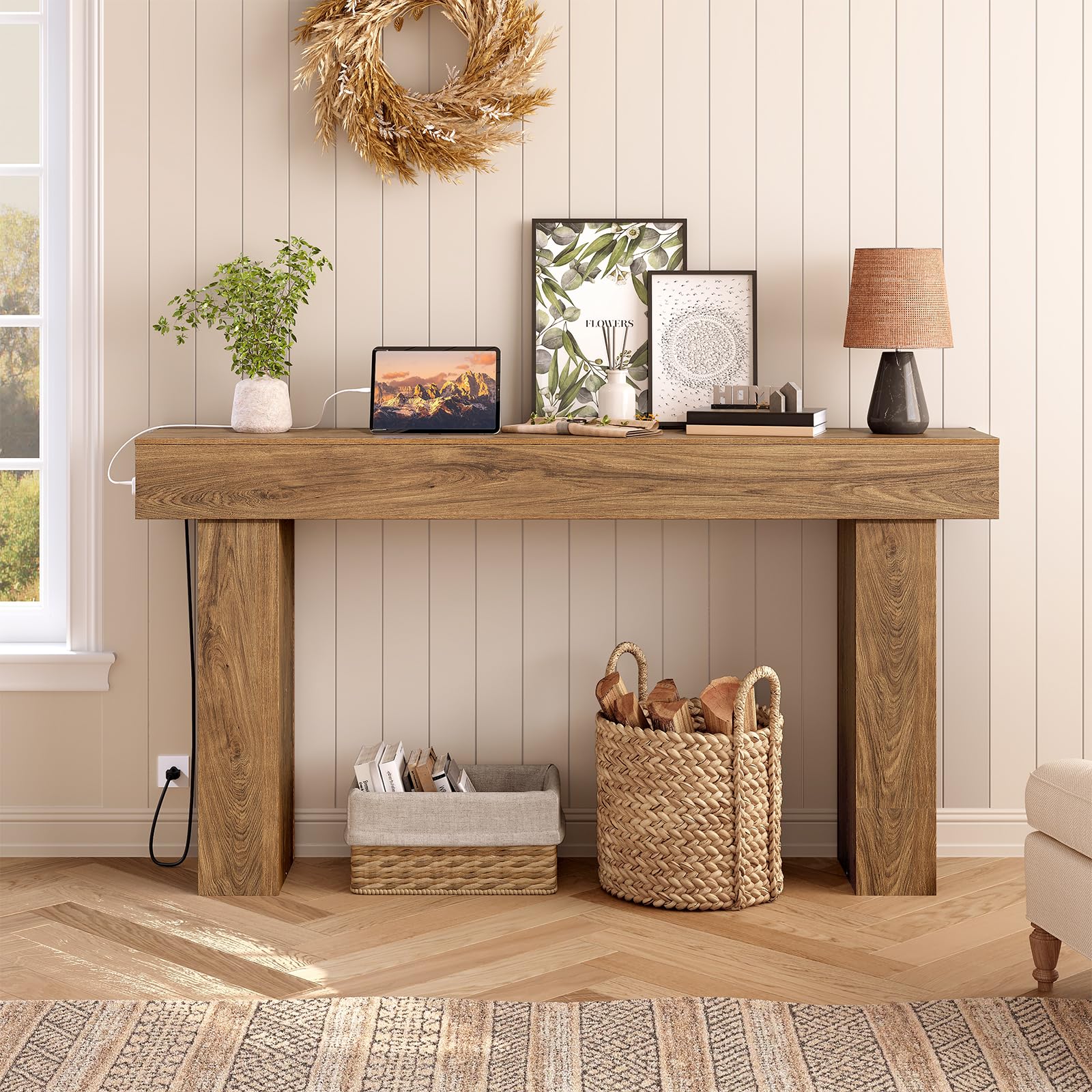 63" Console Table with Charging Station and LED Lights