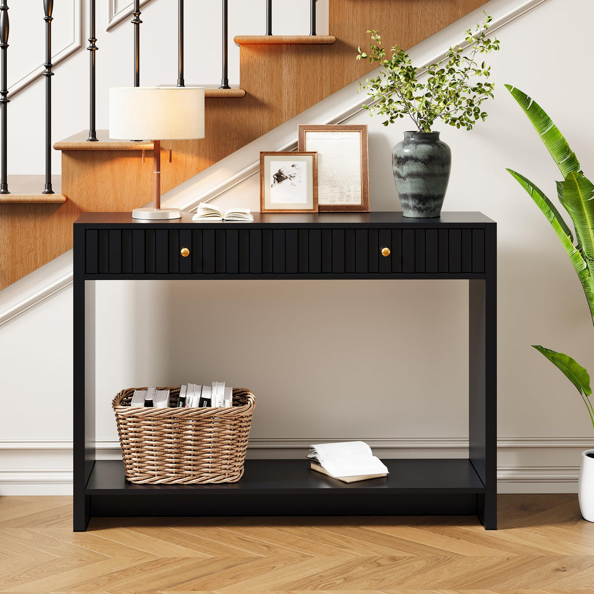 Entryway Console Table with Fluted Drawers, Mid Century Entryway Table with Storage