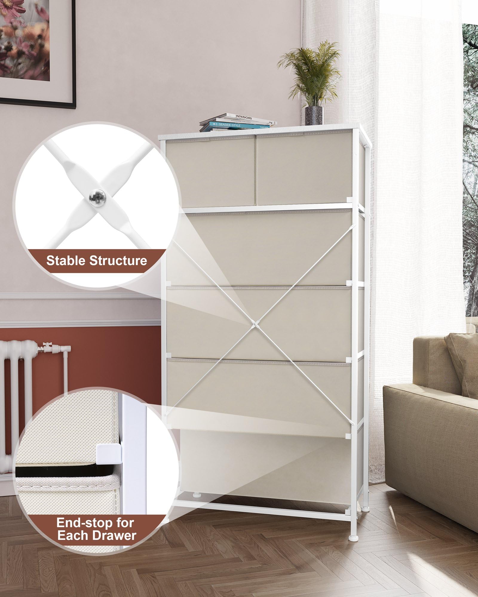 Vertical Dresser Storage Tower - Sturdy Steel Frame, Wood Top, Easy Pull Fabric Bins