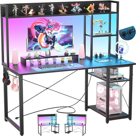 Gaming Desk with Hutch, 47'' Computer Desk with LED Lights & Power Outlets,