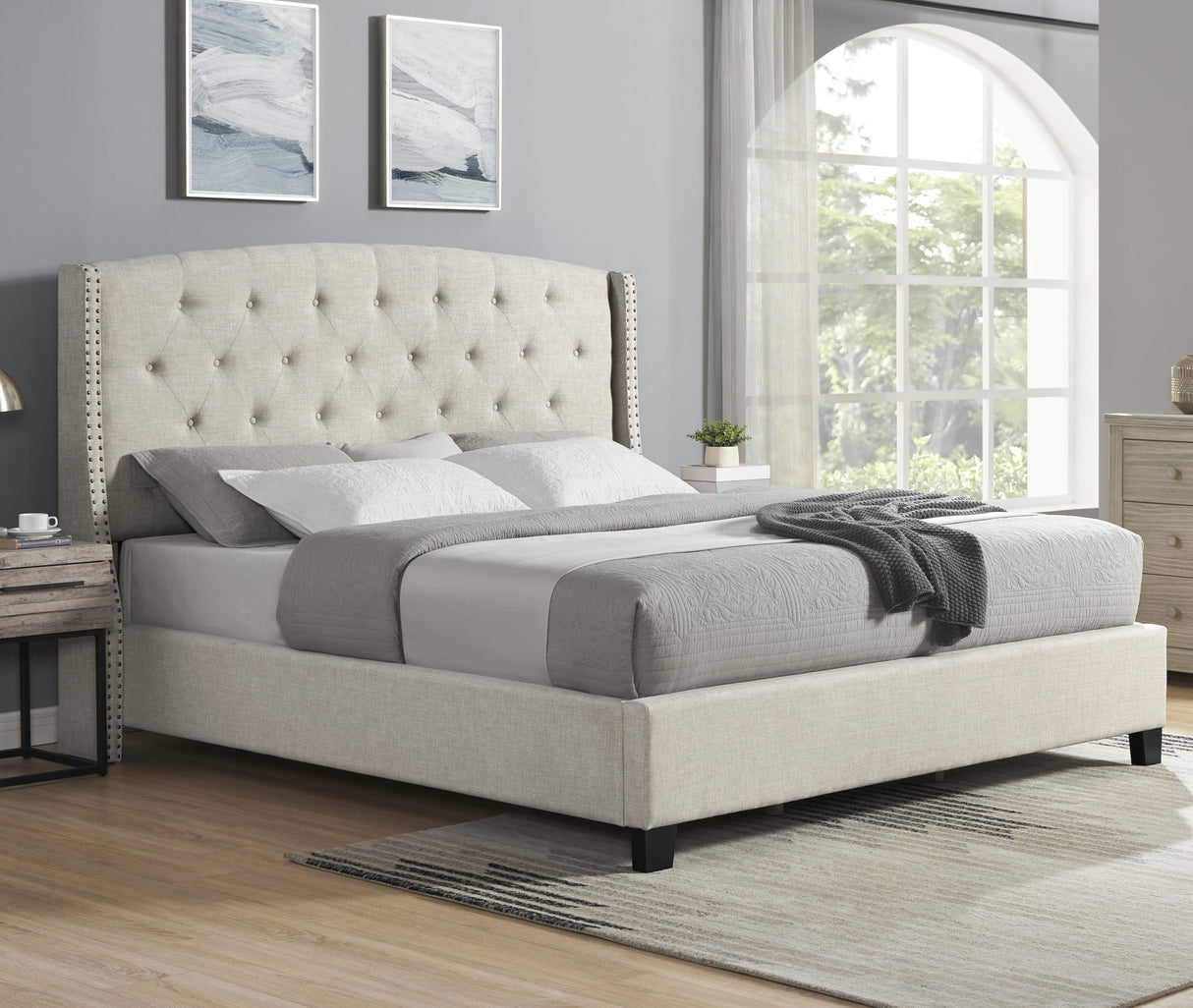 Wood Full Size Bed Frame, Mid Century Modern Platform Bed with Headboard