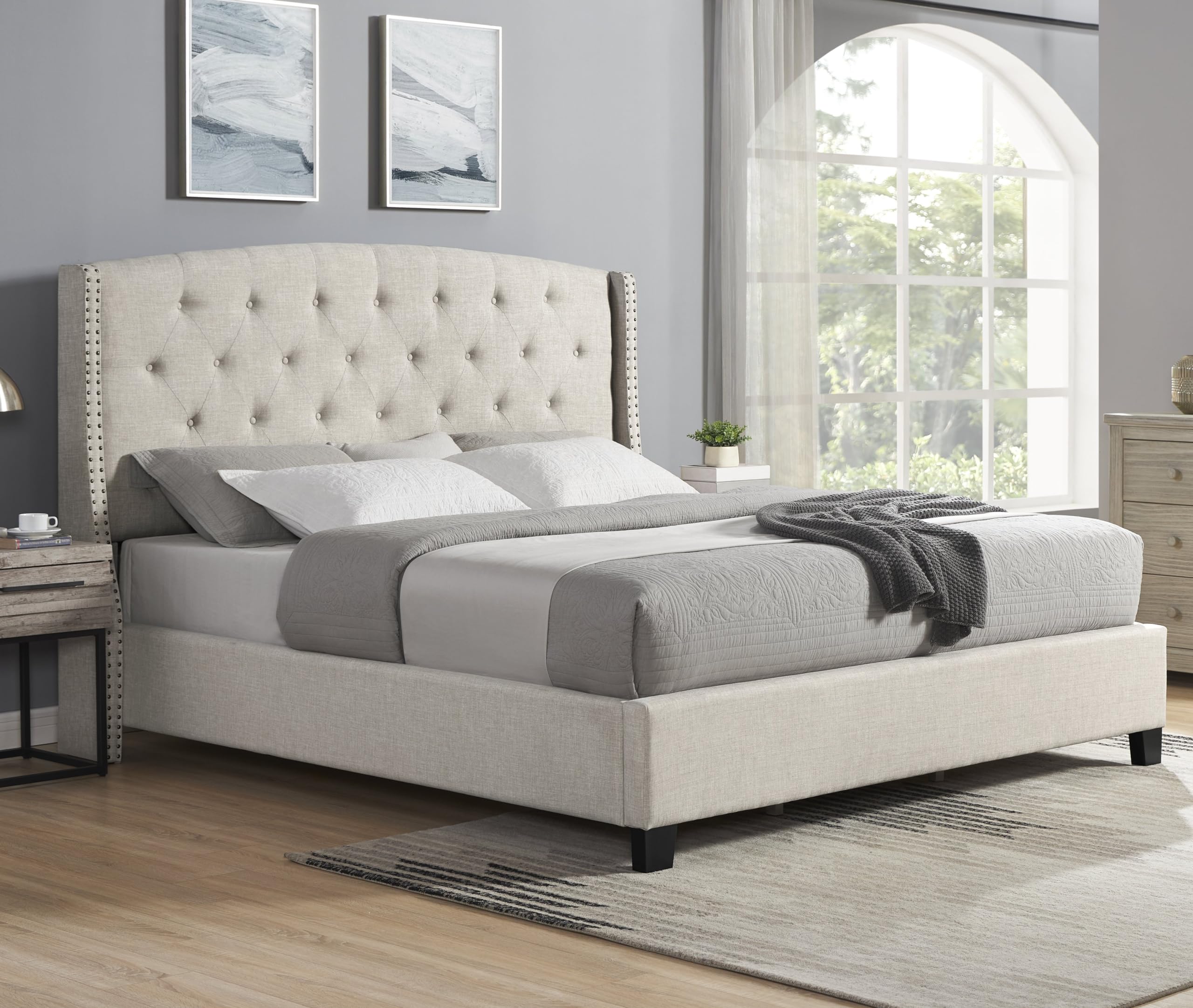 Wood Full Size Bed Frame, Mid Century Modern Platform Bed with Headboard