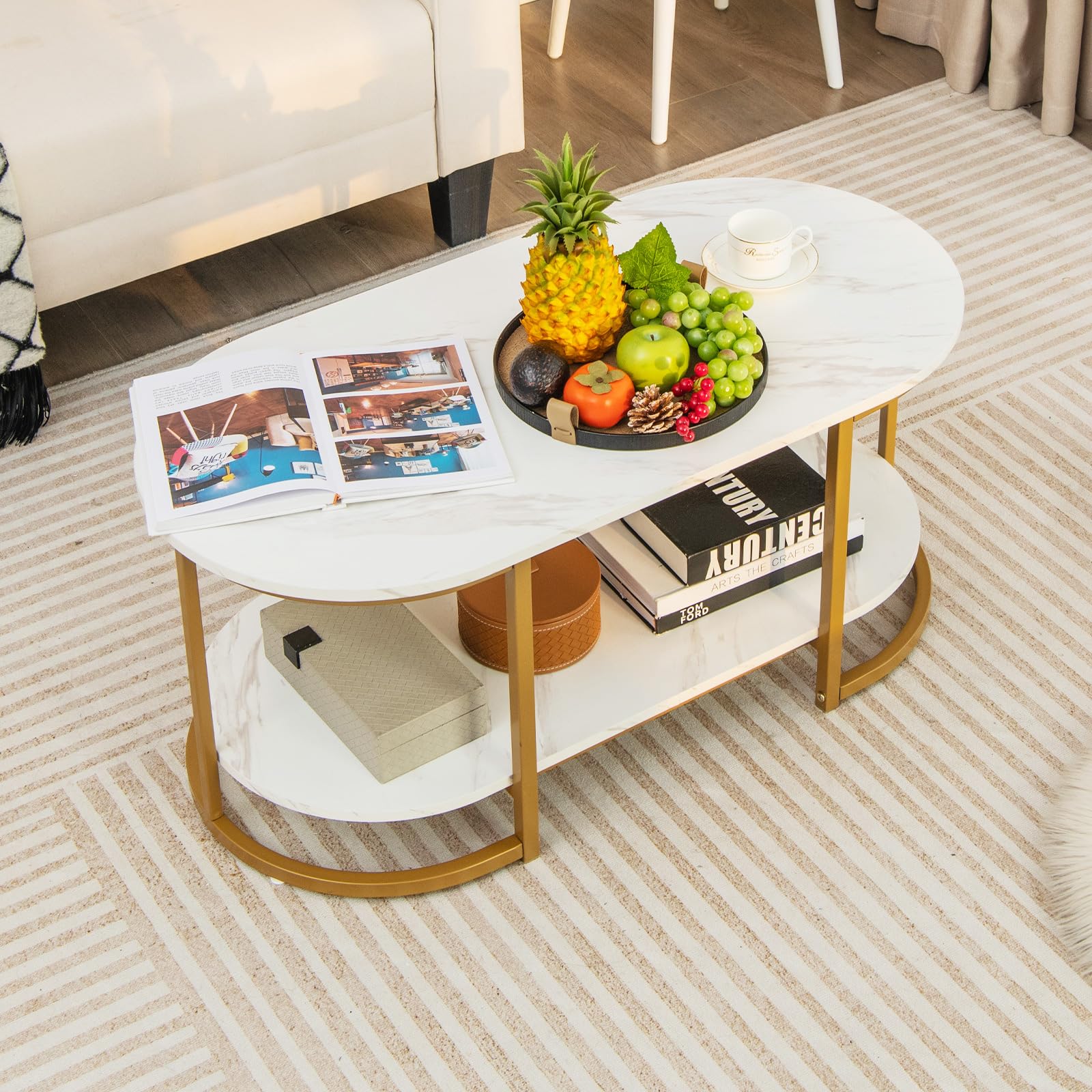 Modern Coffee Table 2 Tier, 39” Oval Coffee Table with Faux Marble