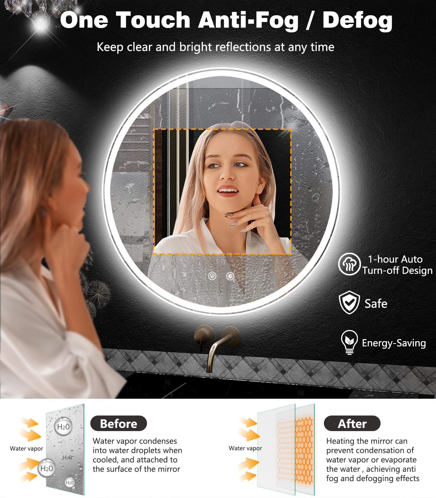 32" Round LED Bathroom Mirror - Dimmable with 3 Color Modes