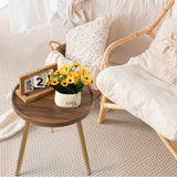 Round Side Table, Metal Legged Accent Table with Wooden Tray, Small Round End Table