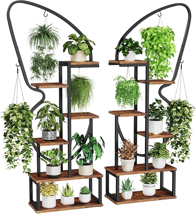 6 Tier Plant Stand Indoor Wing-Shaped, Tall Metal Plant Stand with 6 Plant Hooks