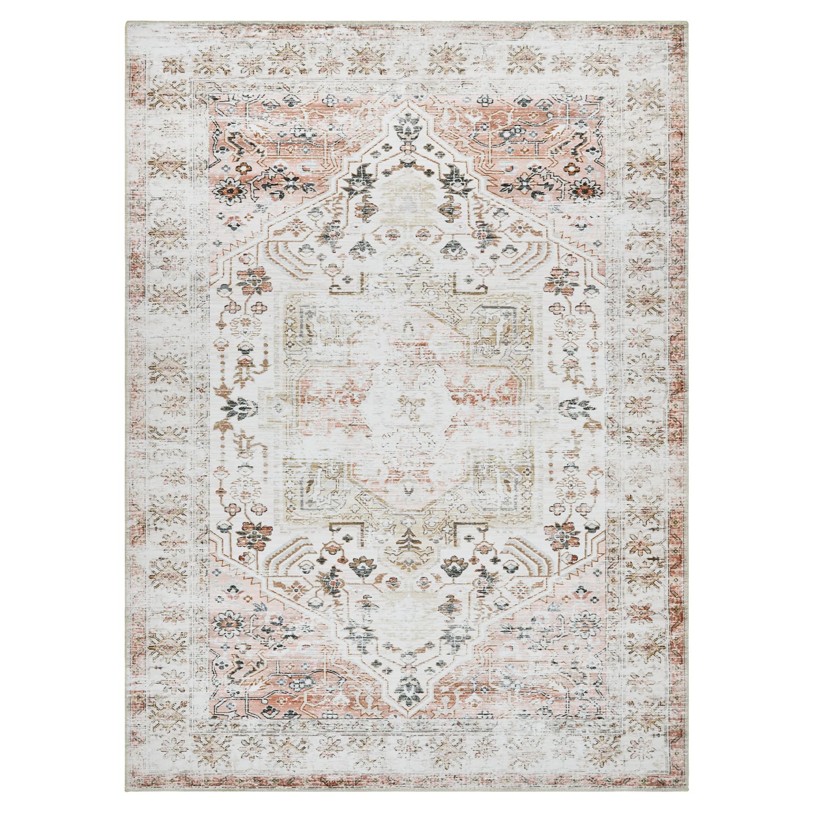 Area Rug 9x12 Washable Rug for Bedroom Floral Distressed Carpet Vintage Rug Indoor