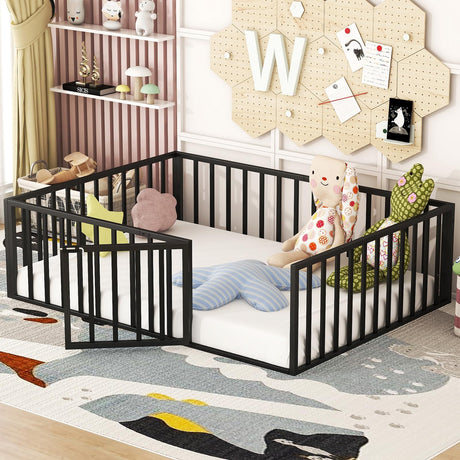 Full Size Floor Bed with Door and Fence for Kids, Montessori Floor Bed