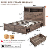 Queen Size Wood Bed Frame Farmhouse with 52" Tall Storage Bookcase Headboard