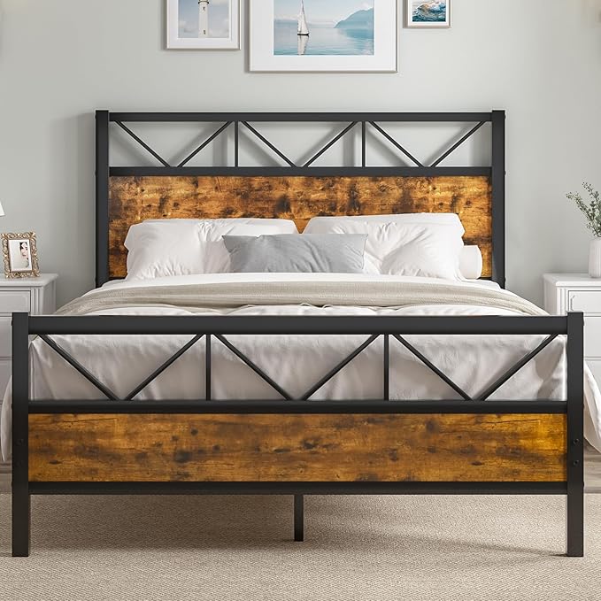 Full Size Bed Frame with 51" Tall Headboard, Industrial Platform Bed with Strong Metal