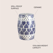 TBL1014A Happy Hearts 17.8" Chinoiserie Ceramic Drum Garden Stool, Bohemian, Coastal, Cottage, French Country, Traditional, Transitional, Side Table, Plant Stand, Spill-Proof, Blue/White