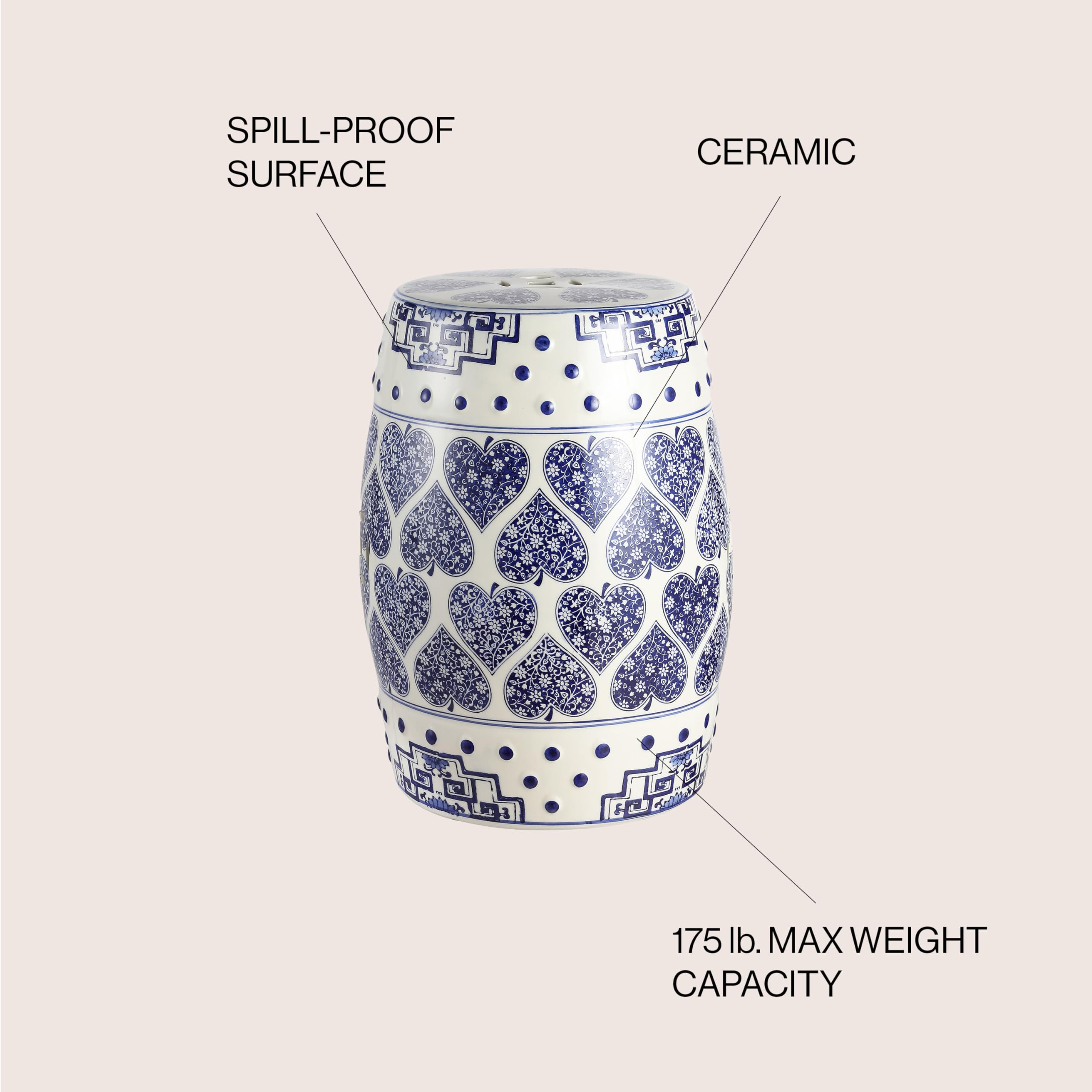 TBL1014A Happy Hearts 17.8" Chinoiserie Ceramic Drum Garden Stool, Bohemian, Coastal, Cottage, French Country, Traditional, Transitional, Side Table, Plant Stand, Spill-Proof, Blue/White