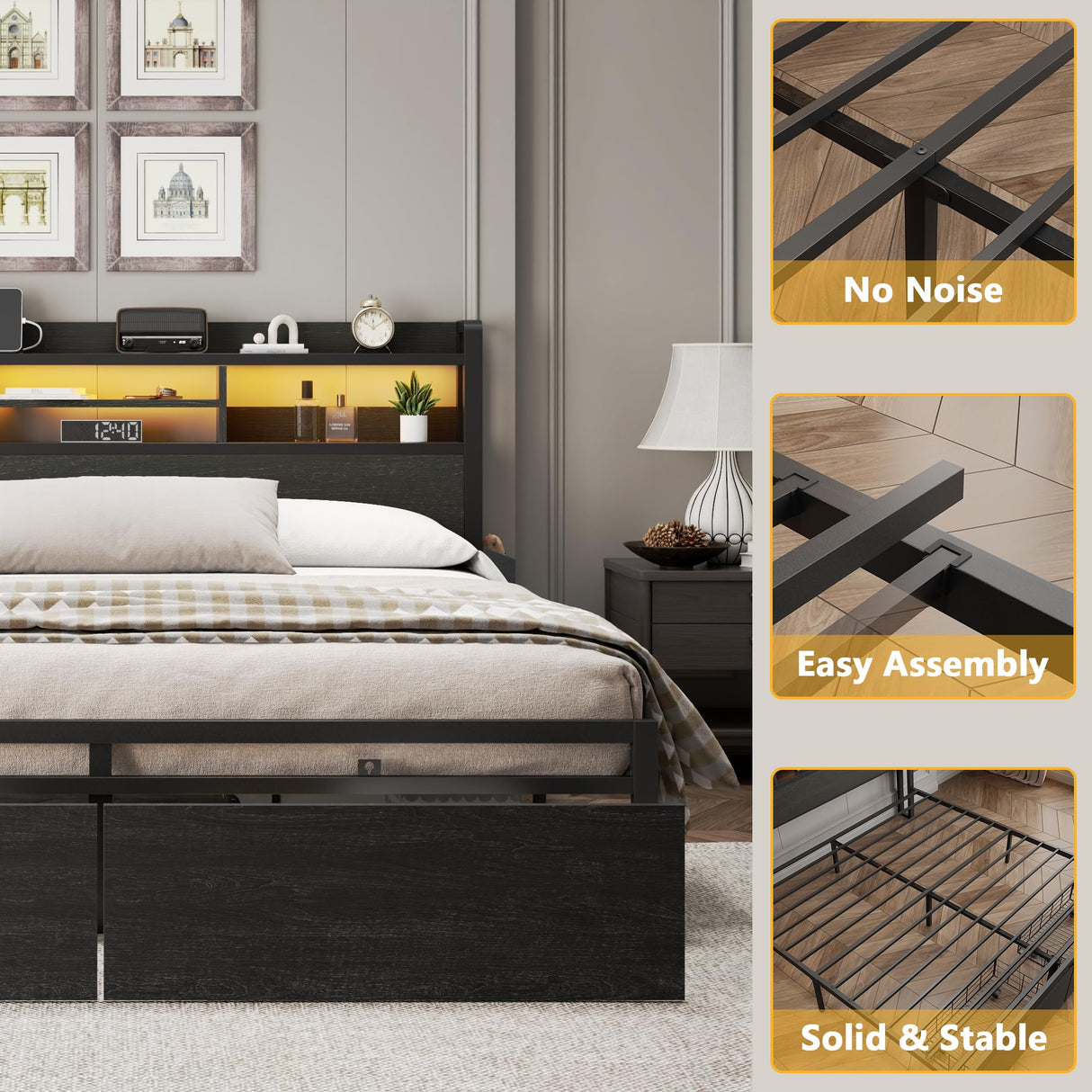 Full Size Bed Frame with LED Lights & Storage Drawers